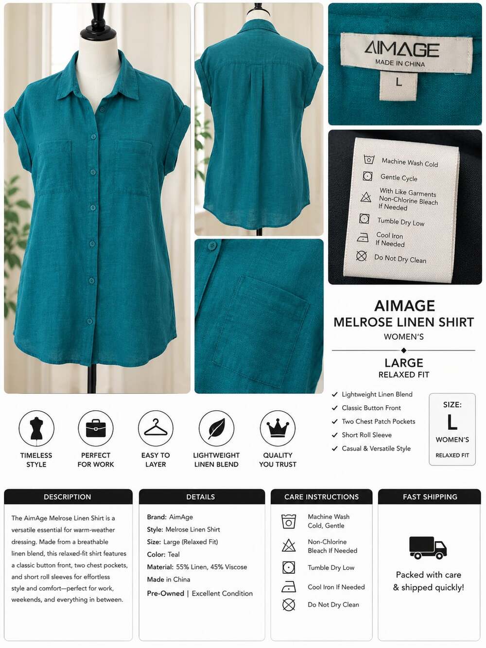 AIMAGE Teal Gauze Short Sleeve Button Down Shirt
